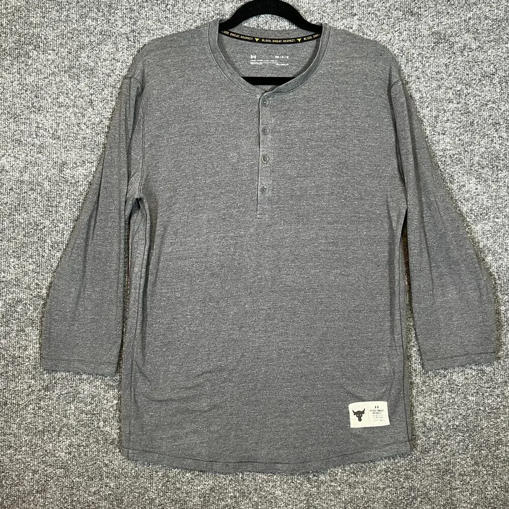 Under Armour Project Rock Shirt Mens Medium Gray Henley Tshirt 3/4 Sleeve